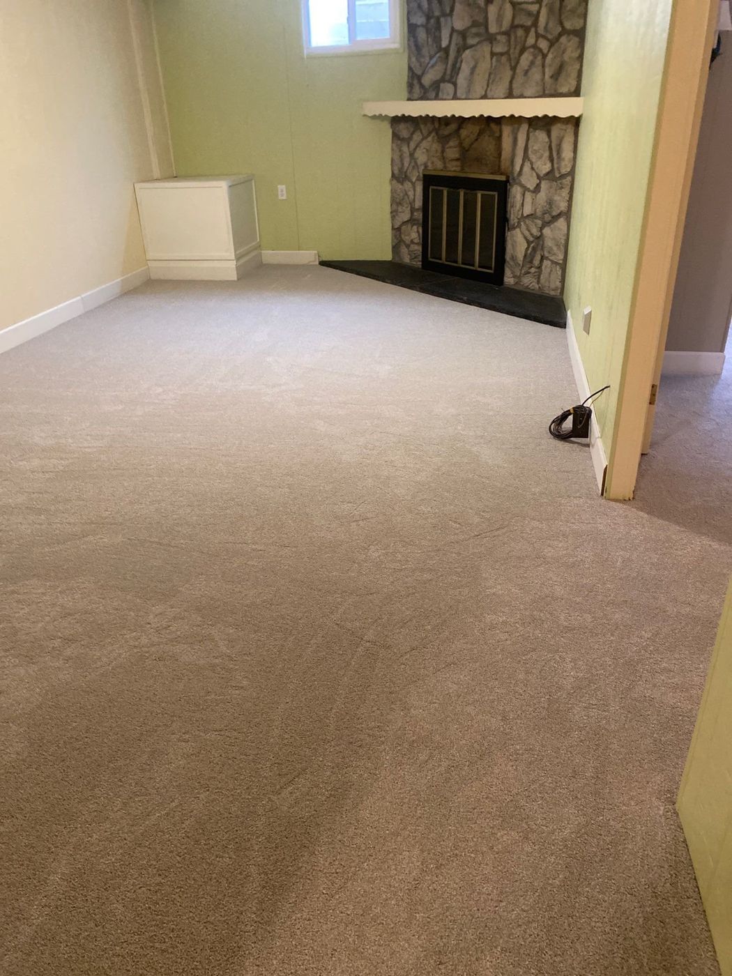 Living room with fireplace in Englewood with new carpet