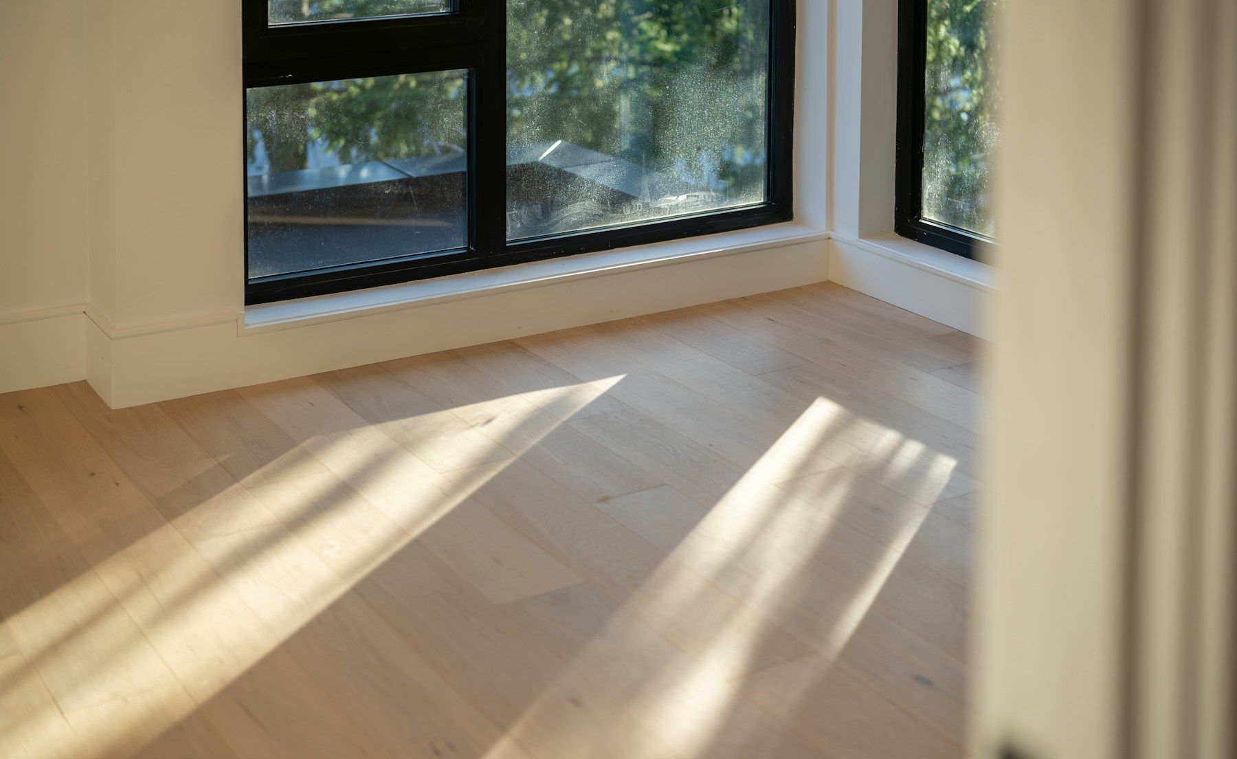 Light oak floorboards with sunlight coming through a window