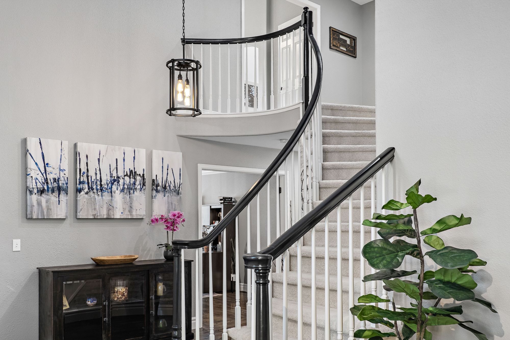 Entry hall and staircase in Highlands Ranch after the new hardwood and stair runner